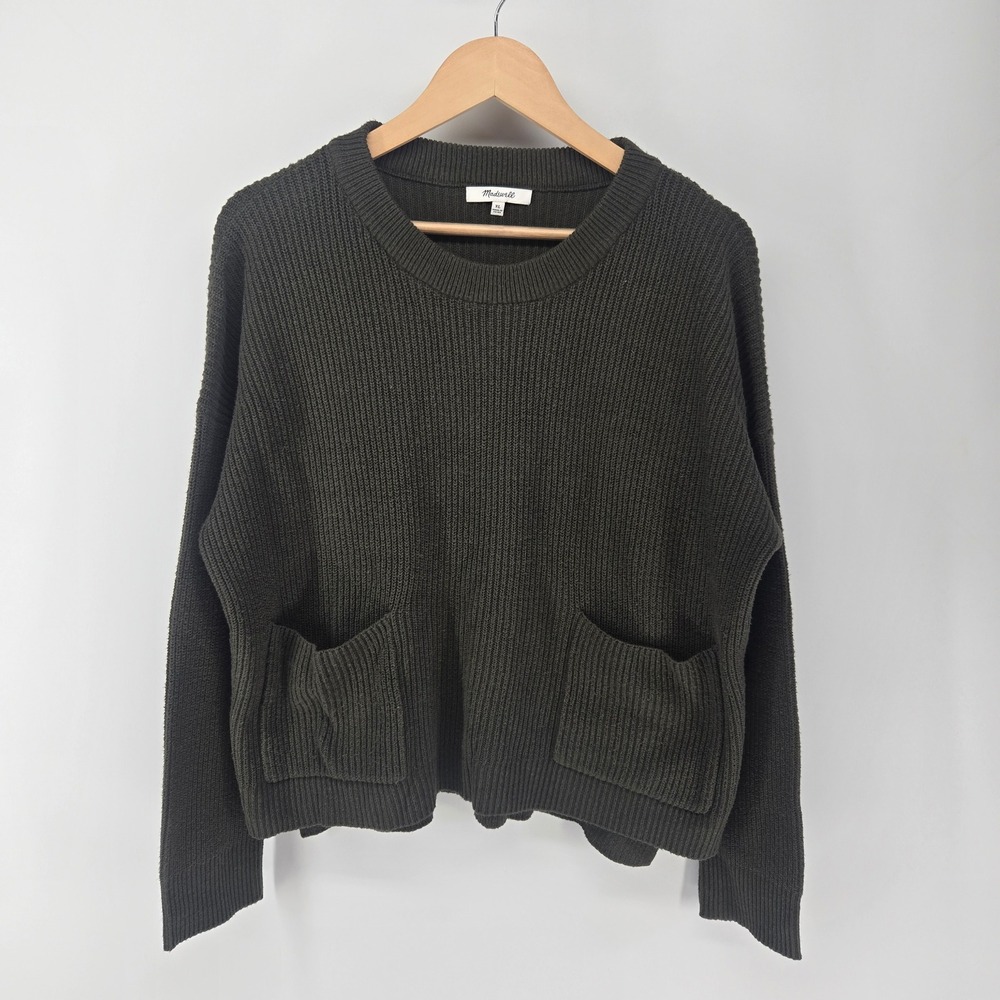 Madewell Sweater Womens XL Dark Green Ribbed Knit Pocket Crewneck Boxy Pullover